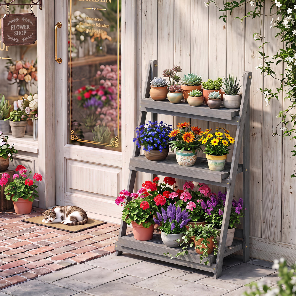 4-tier foldable plant stand made of fir wood, featuring staggered shelves for optimal sunlight exposure and stability.