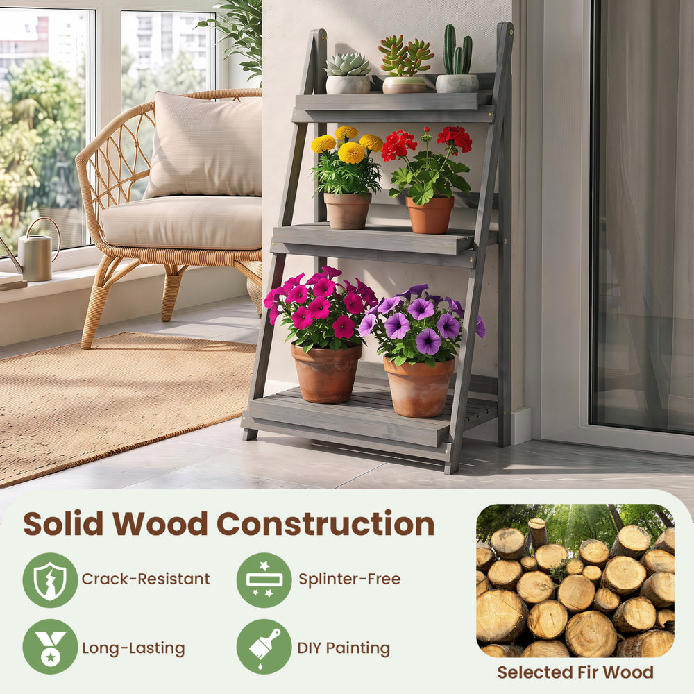 4-tier foldable plant stand made of selected fir wood, featuring slatted shelves for optimal sunlight exposure and air circulation.
