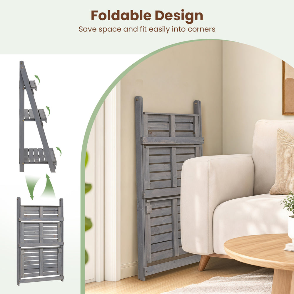 Foldable 4-tier plant stand made of fir wood, featuring slatted shelves for sunlight exposure, ideal for small spaces.