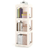 3-tier foldable rotating bookshelf in white with translucent panels, perfect for maximizing corner storage and easy.
