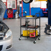 Heavy-duty 3-tier folding trolley cart with universal wheels, ideal for organizing tools in workshops or kitchens.