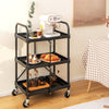 3-tier black folding trolley cart with universal wheels, ideal for organizing tools and groceries in kitchens or workshops.