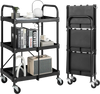 3-tier folding trolley cart in black with universal wheels, ideal for storage in workshops, kitchens, and laundry rooms.
