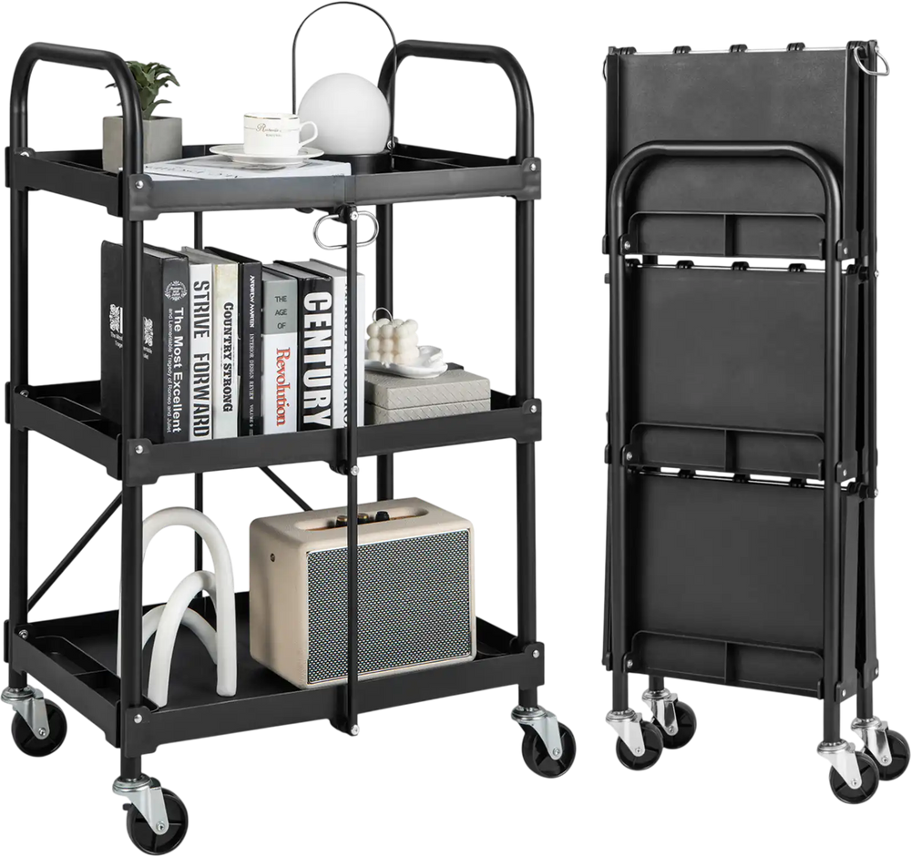 3-tier folding trolley cart in black with universal wheels, ideal for storage in workshops, kitchens, and laundry rooms.
