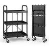3-tier folding trolley cart in black with universal wheels, ideal for organizing tools and groceries in various settings.