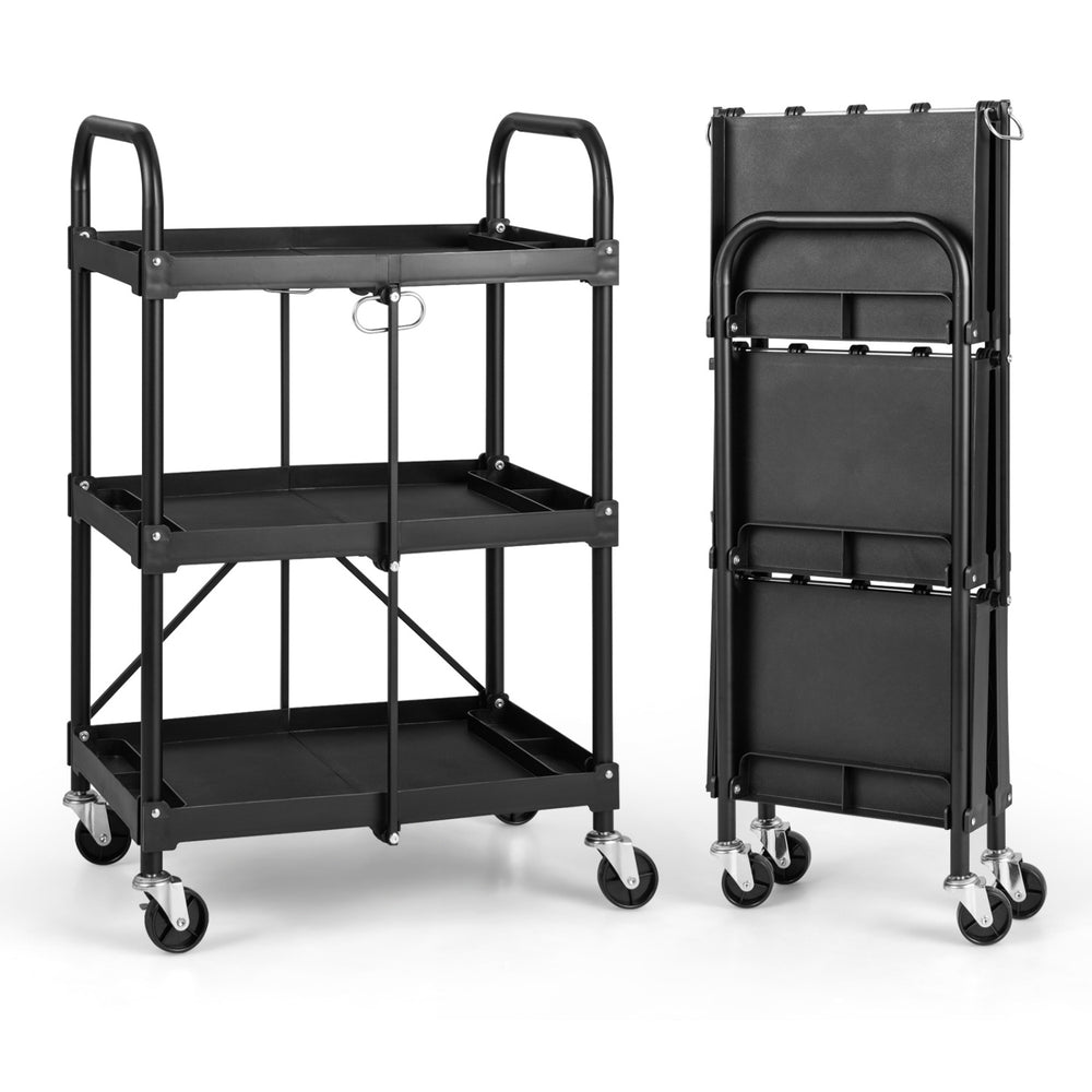 3-tier folding trolley cart in black with universal wheels, ideal for organizing tools and groceries in various settings.