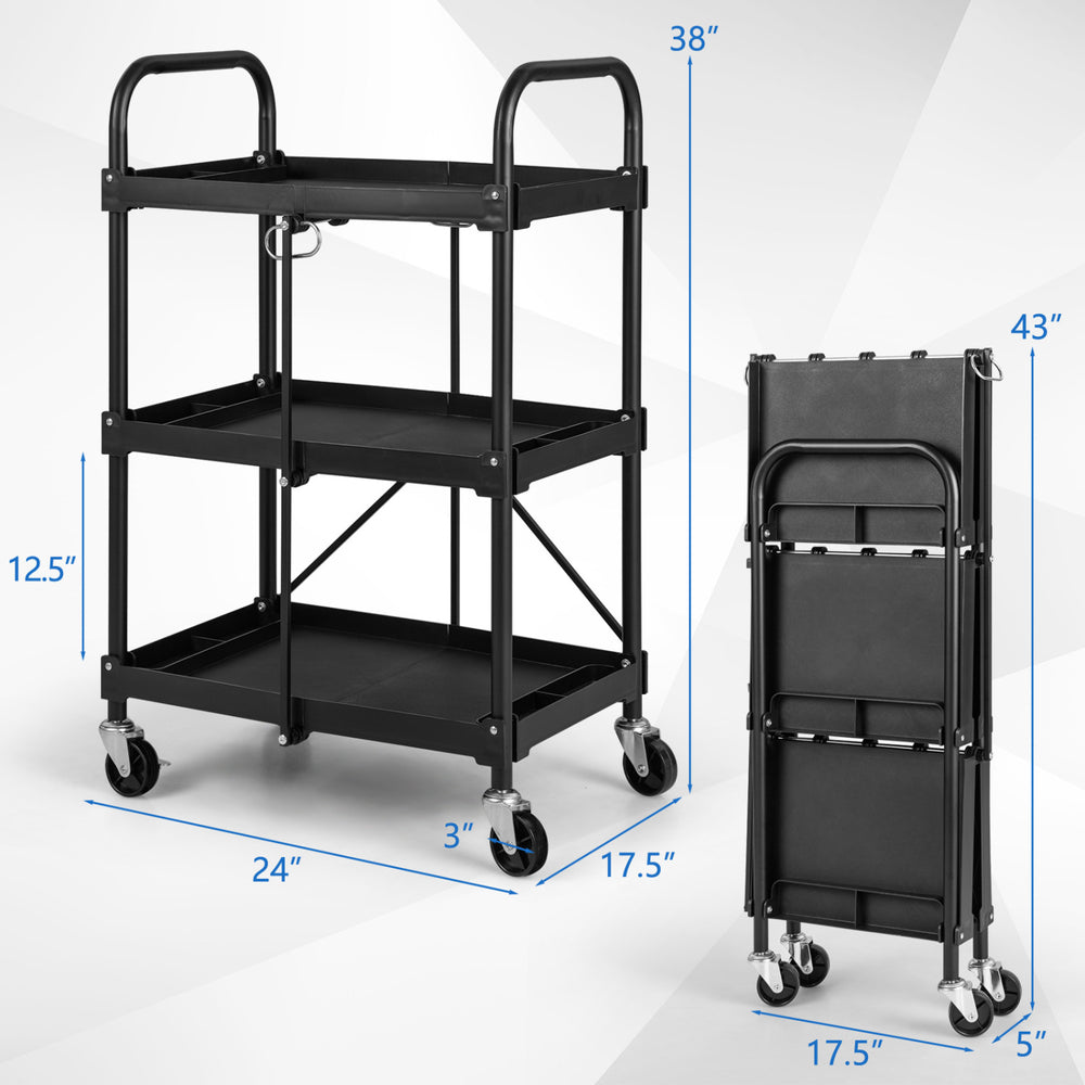 3-tier folding trolley cart in black with universal wheels, ideal for storage in workshops, kitchens, and laundry houses.