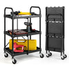 3-tier folding trolley cart in black with universal wheels, ideal for organizing tools and supplies in workshops or kitchens.
