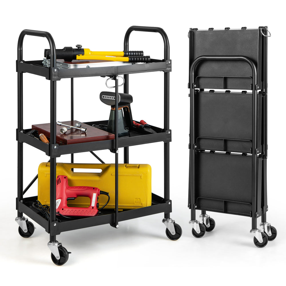 3-tier folding trolley cart in black with universal wheels, ideal for organizing tools and supplies in workshops or kitchens.