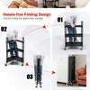 3-tier folding trolley cart in black with universal wheels, ideal for organizing tools and groceries in various spaces.