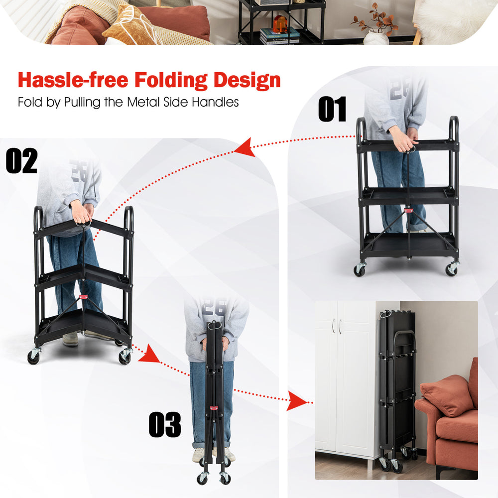 3-tier folding trolley cart in black with universal wheels, ideal for organizing tools and groceries in various spaces.