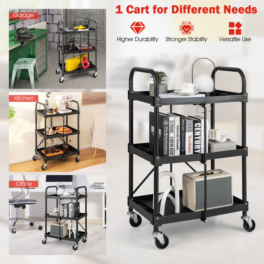 3-tier folding trolley cart in black with universal wheels, ideal for kitchen, garage, or office storage and organization.