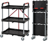 3-tier folding utility cart with swivel wheels and brakes, featuring a portable design for easy transport and storage.