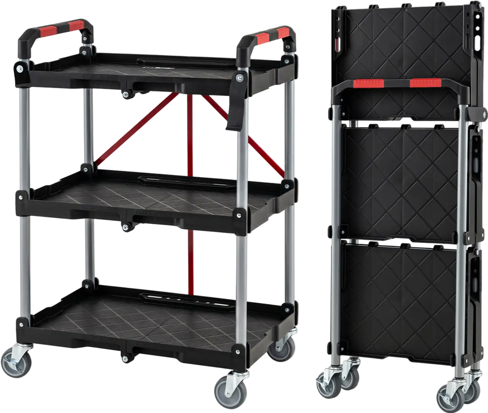 3-tier folding utility cart with swivel wheels and brakes, featuring a portable design for easy transport and storage.