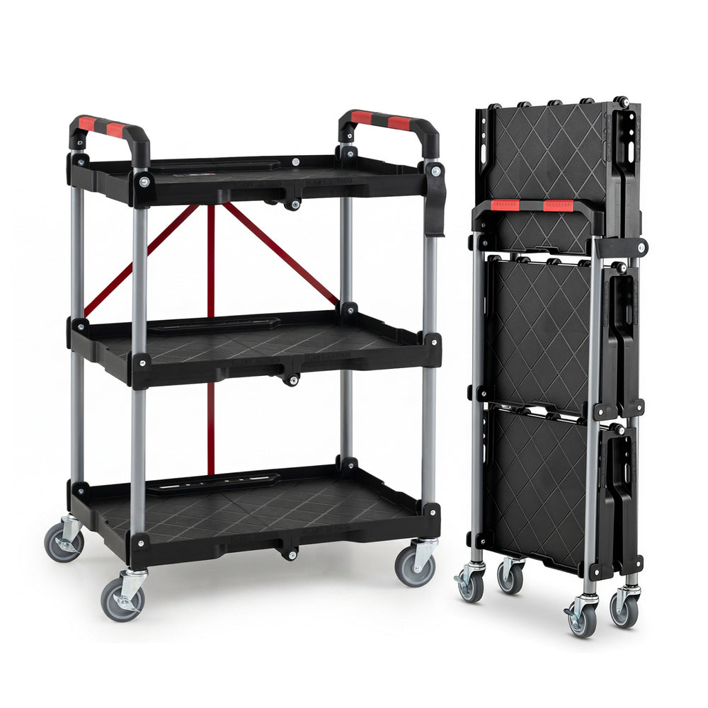 3-tier folding utility cart with swivel wheels, heavy-duty frame, and tool-free assembly, perfect for efficient storage and transport.