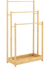 Three-tier free-standing bamboo towel rack with a storage shelf, designed for effective drying and elegant home decor.