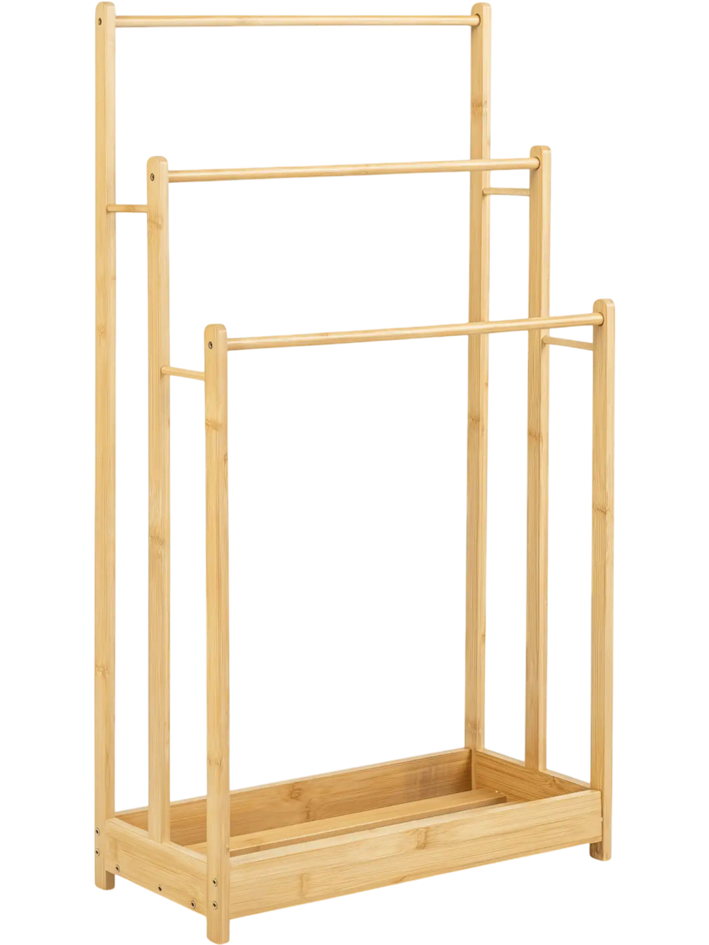 Three-tier free-standing bamboo towel rack with a storage shelf, designed for effective drying and elegant home decor.
