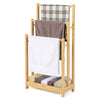 Three-tier bamboo towel rack with storage shelf, featuring ample hanging space and a waterproof surface for easy cleaning.
