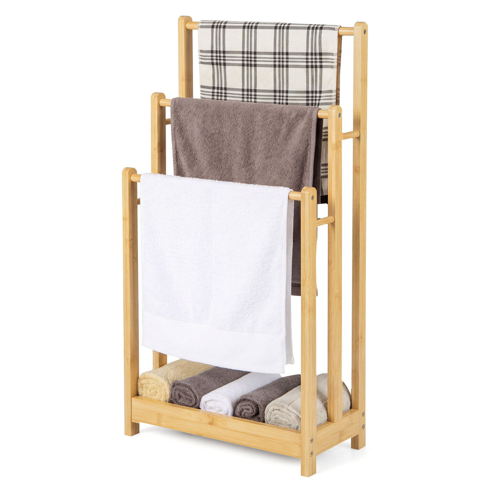 Three-tier bamboo towel rack with storage shelf, featuring ample hanging space and a waterproof surface for easy cleaning.