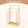3-tier free standing bamboo towel rack with a natural finish, featuring ample hanging space and a raised storage shelf.