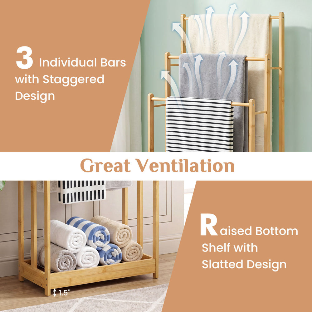 Three-tier bamboo towel rack with ample hanging space and a raised slatted shelf for effective drying and storage.