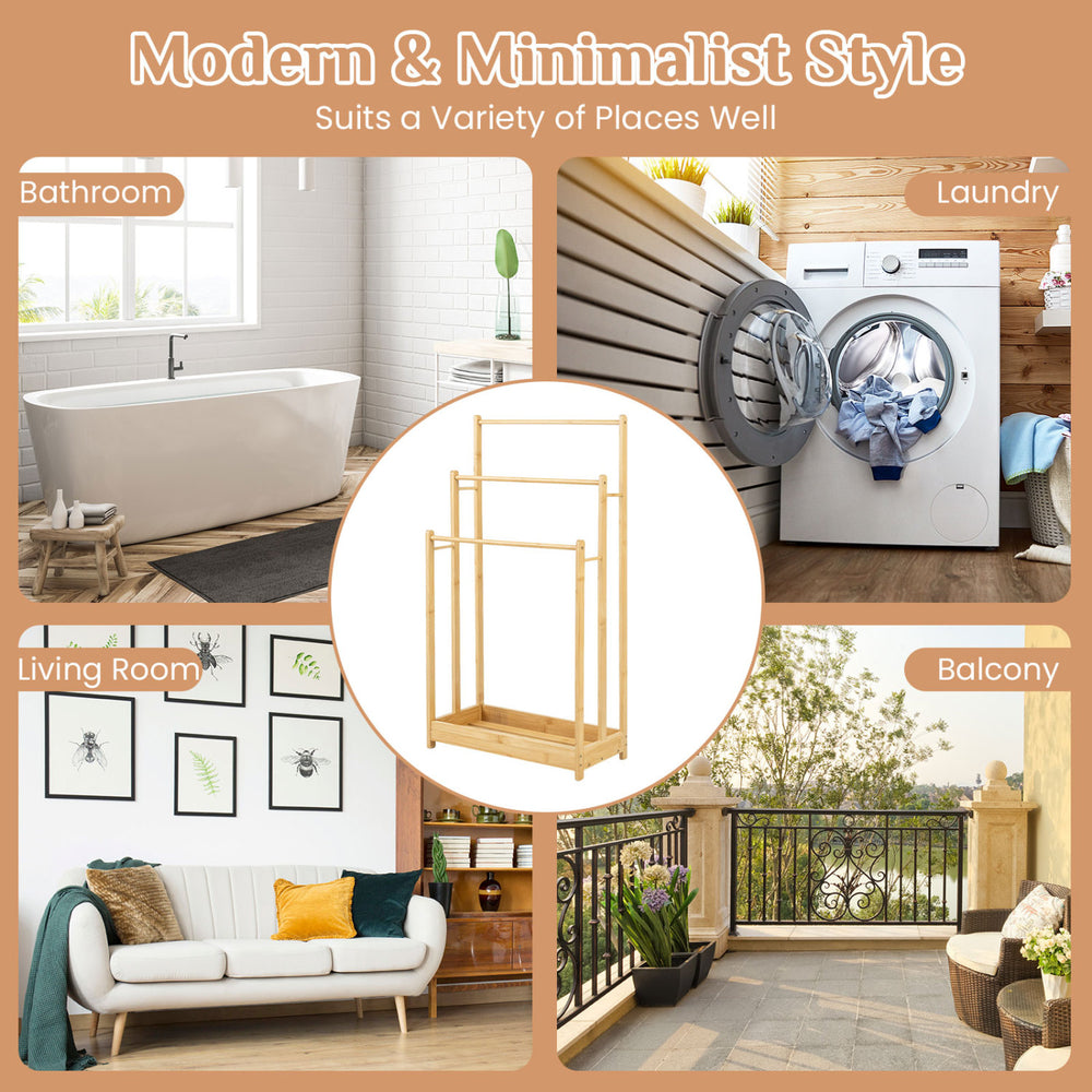 Three-tier free-standing bamboo towel rack with storage shelf, featuring a natural finish for stylish bathroom organization.