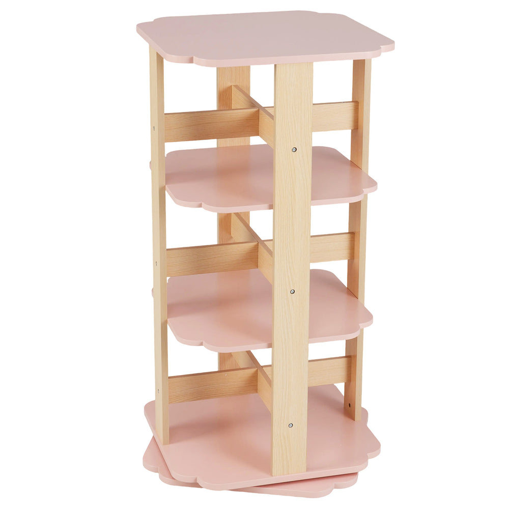 3-tier pink toddler book rack with 12 sectors, 360° rotation, and anti-slip pads for kids' room organization.