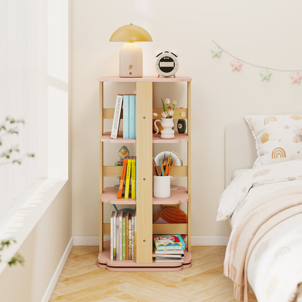 Freestanding pink toddler book rack with 3 tiers and 12 sectors, featuring rounded corners and anti-slip pads for.