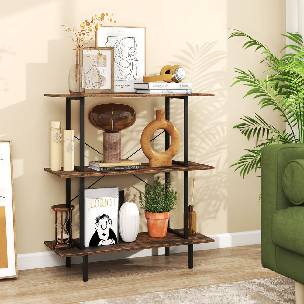 3-tier freestanding bookshelf in rustic brown with a metal frame, perfect for displaying books and plants in the living room.