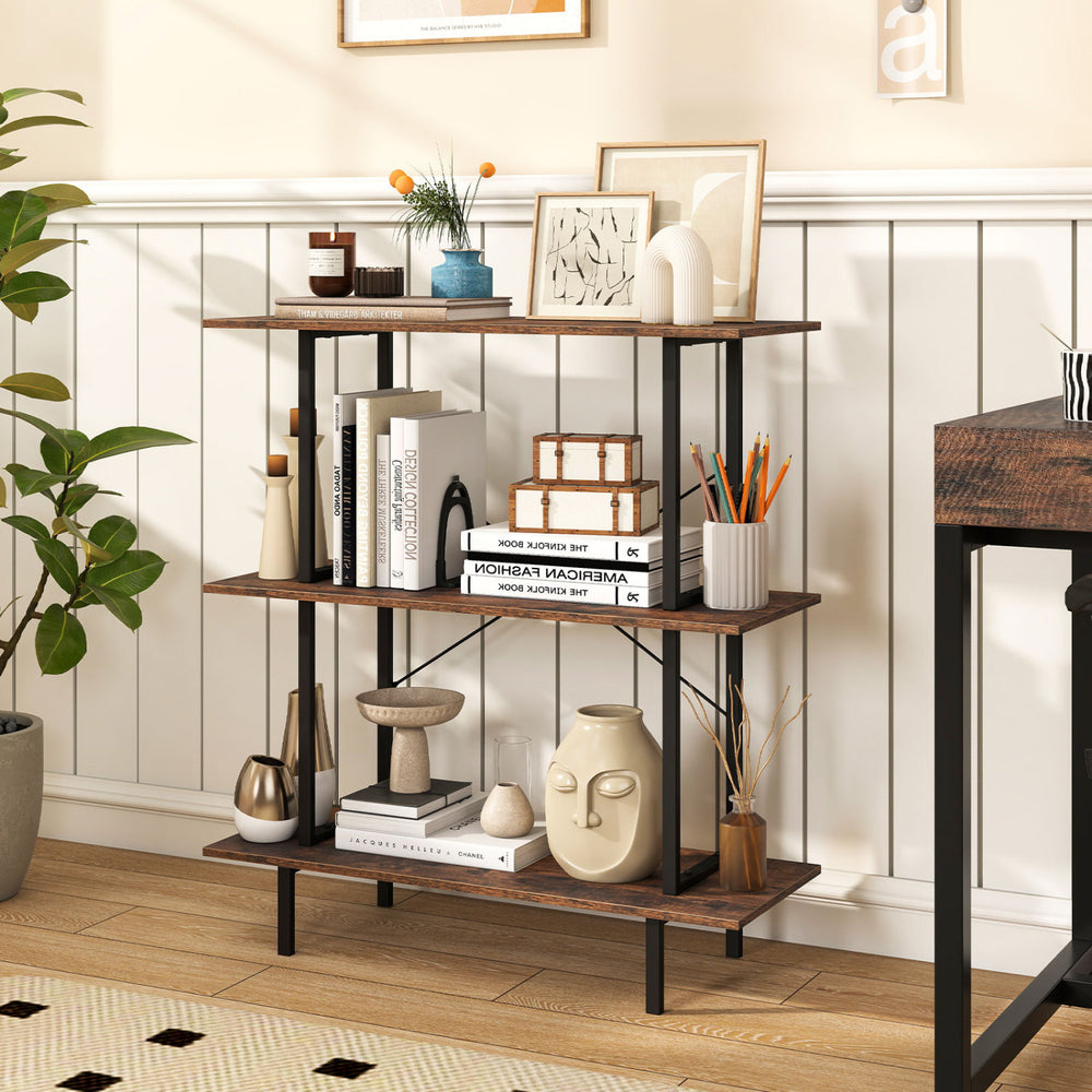 3-tier freestanding bookshelf in rustic brown with metal frame, ideal for storage and display in living rooms.