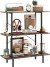 3-tier freestanding bookshelf in rustic brown with metal frame, ideal for displaying items in the living room.
