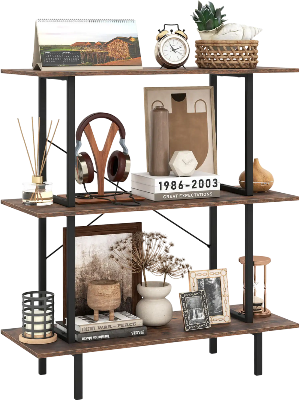3-tier freestanding bookshelf in rustic brown with metal frame, ideal for displaying items in the living room.