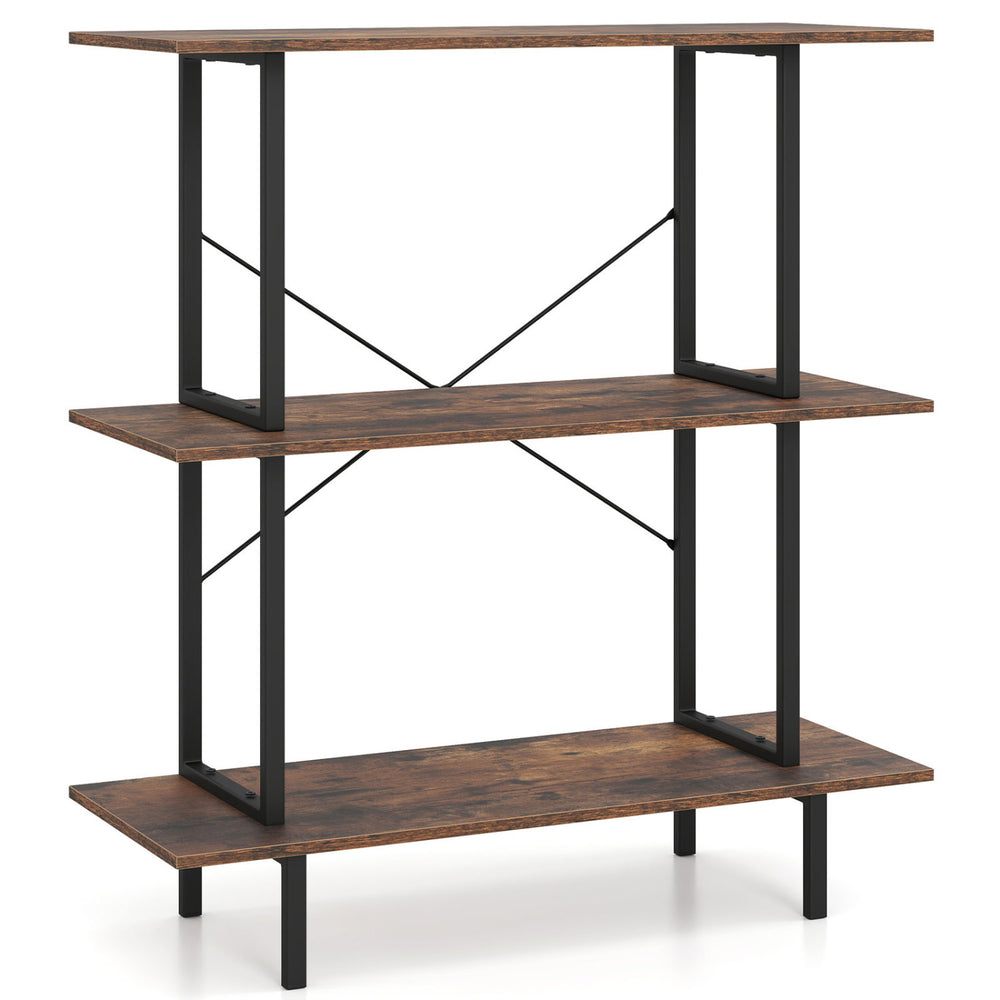 3-tier freestanding bookshelf in rustic brown with a durable metal frame, perfect for storage and display in the living room.