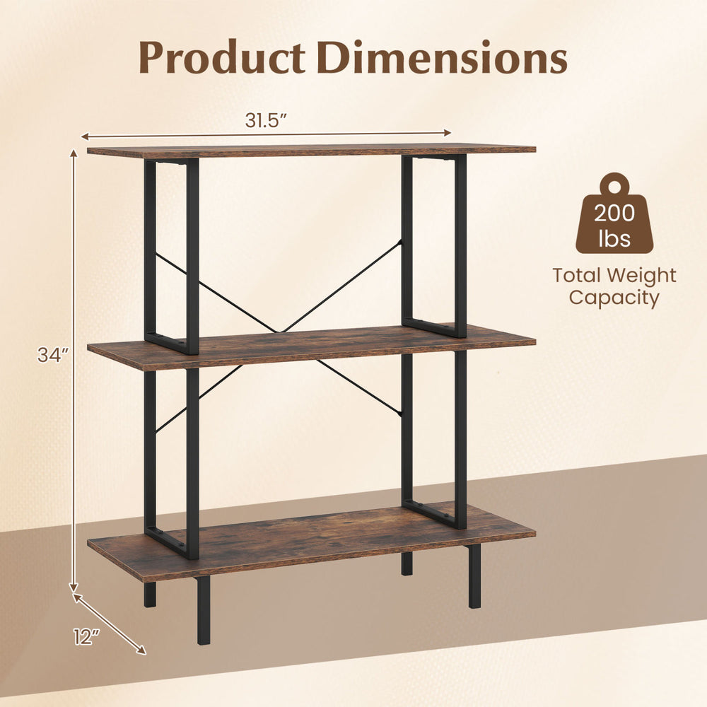 3-tier freestanding bookshelf in rustic brown with a metal frame, offering 200 lbs capacity for versatile storage and display.