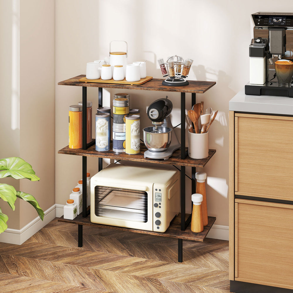 3-tier freestanding bookshelf in rustic brown with a heavy-duty metal frame, perfect for storage and display in any room.