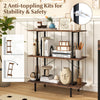 3-tier freestanding bookshelf in rustic brown with metal frame, featuring open shelves and anti-toppling kits for safety.