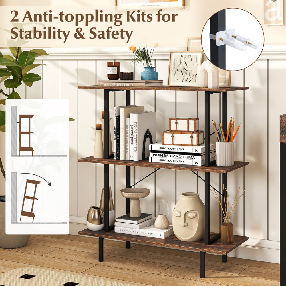 3-tier freestanding bookshelf in rustic brown with metal frame, featuring open shelves and anti-toppling kits for safety.