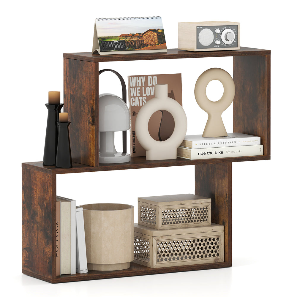 Freestanding 3-tier geometric bookshelf in brown, featuring open shelves for books and decor, ideal for modern spaces.