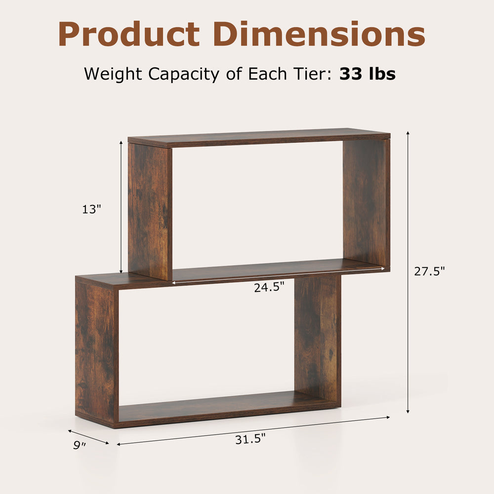 Geometric 3-tier wooden bookshelf in brown with dimensions, ideal for storing books and decorations.