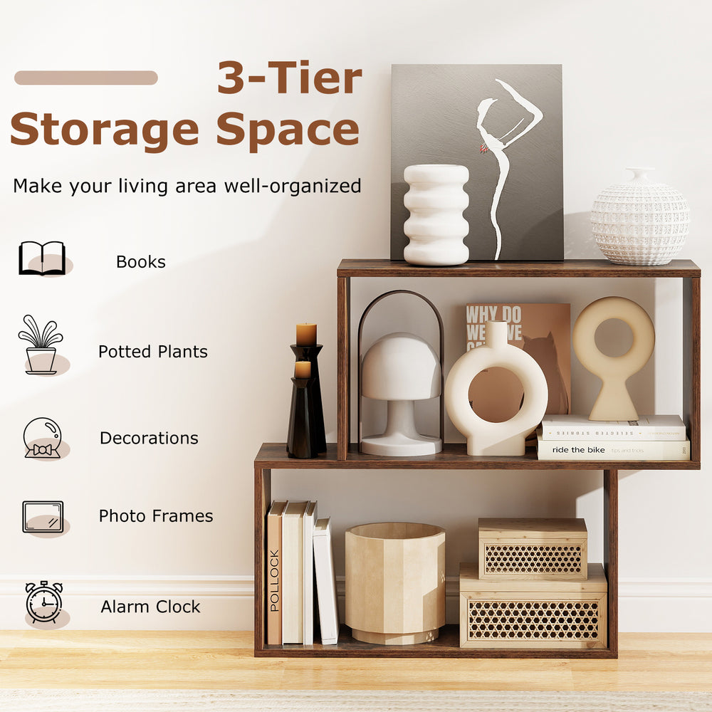 Freestanding 3-tier geometric bookshelf in brown wood, ideal for organizing books and decorations in modern spaces.