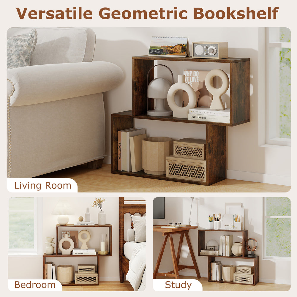 3-tier geometric bookshelf in brown with open shelves, ideal for books and decor in living room or study.