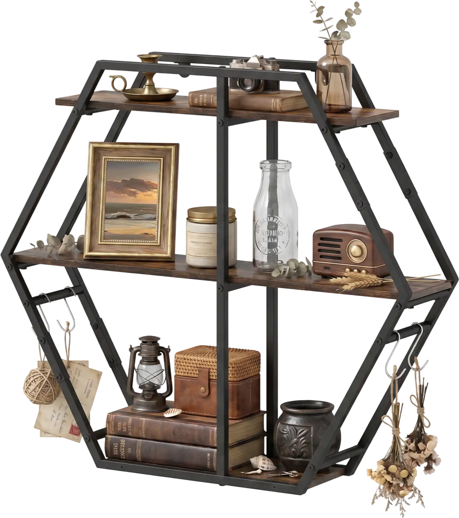Costway 3-Tier Geometric Bookcase with S-Shaped Hooks 70971318 New