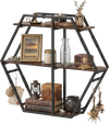 3-tier geometric bookcase in rustic brown with S-shaped hooks, showcasing decorative items and books for stylish.