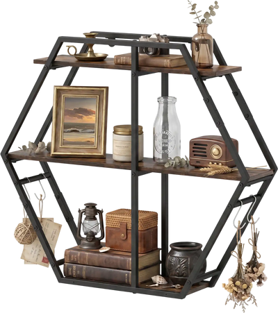 Costway 3-Tier Geometric Bookcase with S-Shaped Hooks 70971318 New
