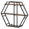 3-tier geometric bookcase in rustic brown with S-shaped hooks, perfect for stylish living room storage.