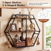 3-tier geometric bookcase in rustic brown with 4 removable S-shaped hooks, ideal for organizing living room items.