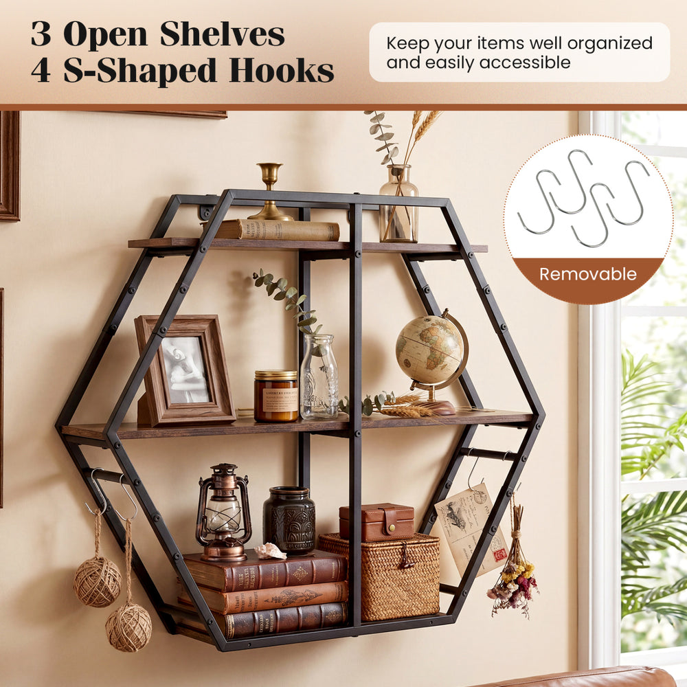 3-tier geometric bookcase in rustic brown with 4 removable S-shaped hooks, ideal for organizing living room items.