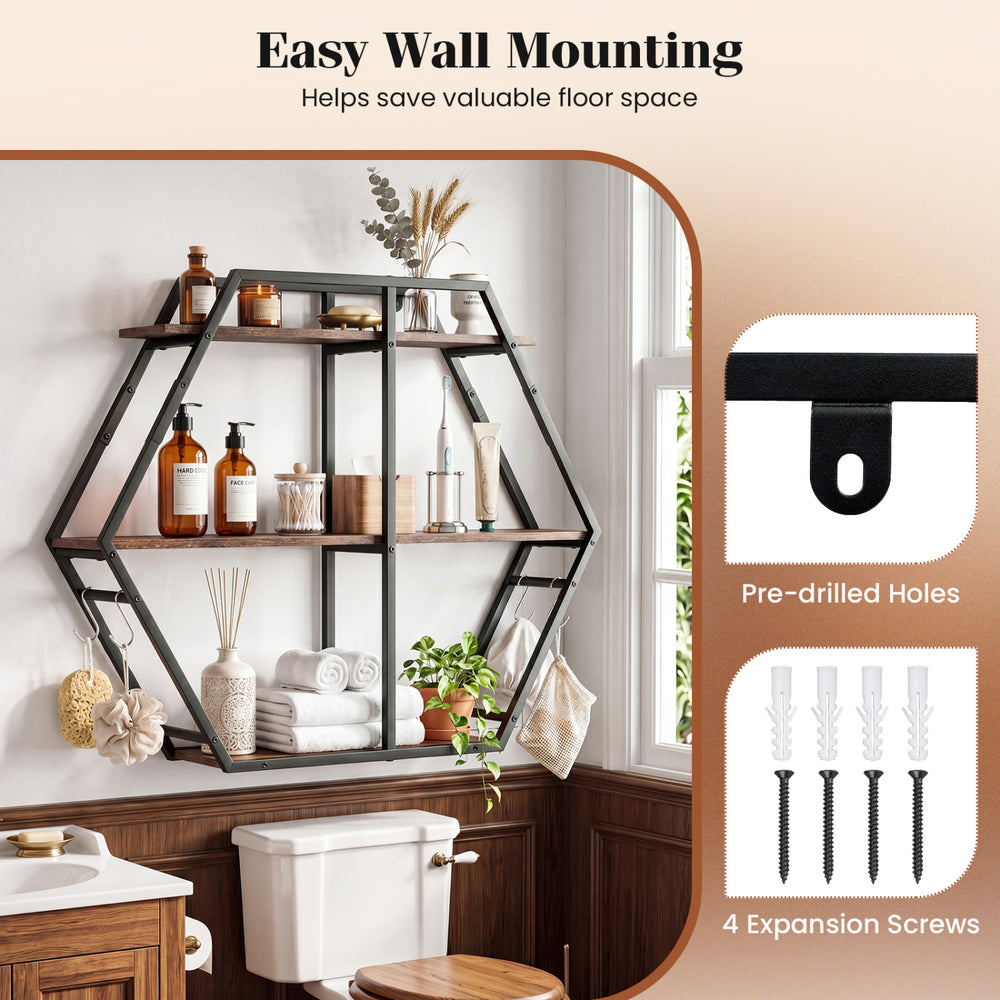 3-tier geometric bookcase in rustic brown with S-shaped hooks, ideal for wall mounting in living room decor.