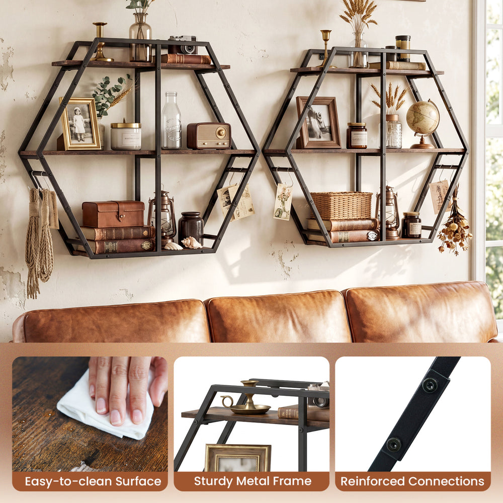 3-tier geometric bookcase in rustic brown with sturdy metal frame, ideal for stylish living room storage.