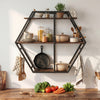 3-tier geometric bookcase in rustic brown with kitchenware, herbs, and vegetables for stylish living room storage.